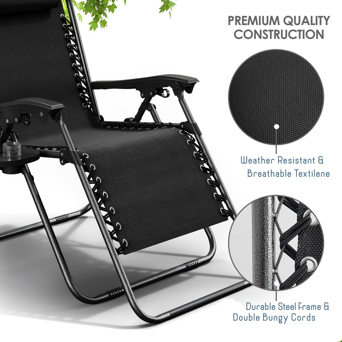 Nestl Zero Gravity Chairs - Set of 2 Adjustable Outdoor Lounge Chairs with Pillows & Cup Holder - Black
