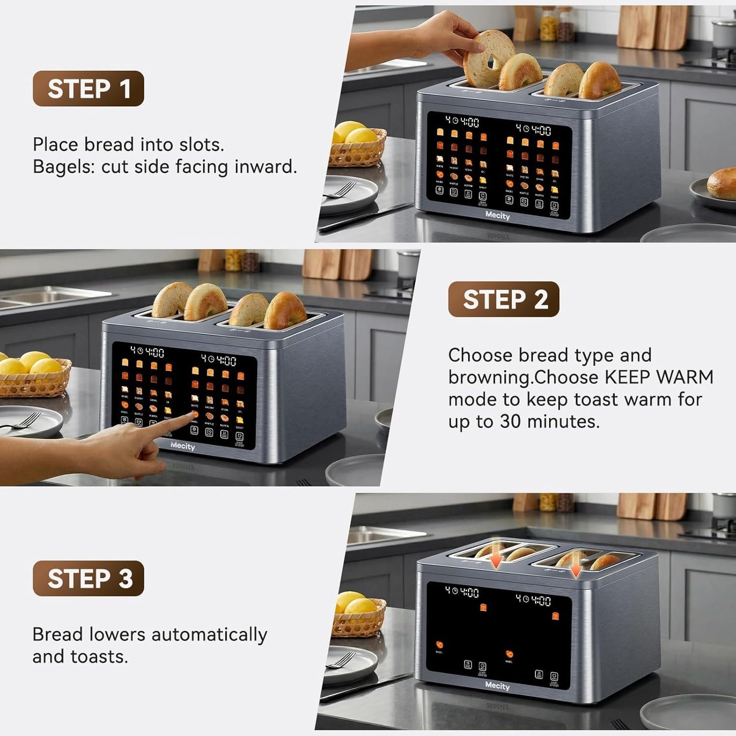 Mecity 4-Slice Toaster - Smart Touch Screen with Dual Control, Auto Shut Off & Keep Warm | Perfect for Bagels & Gluten-Free Breads