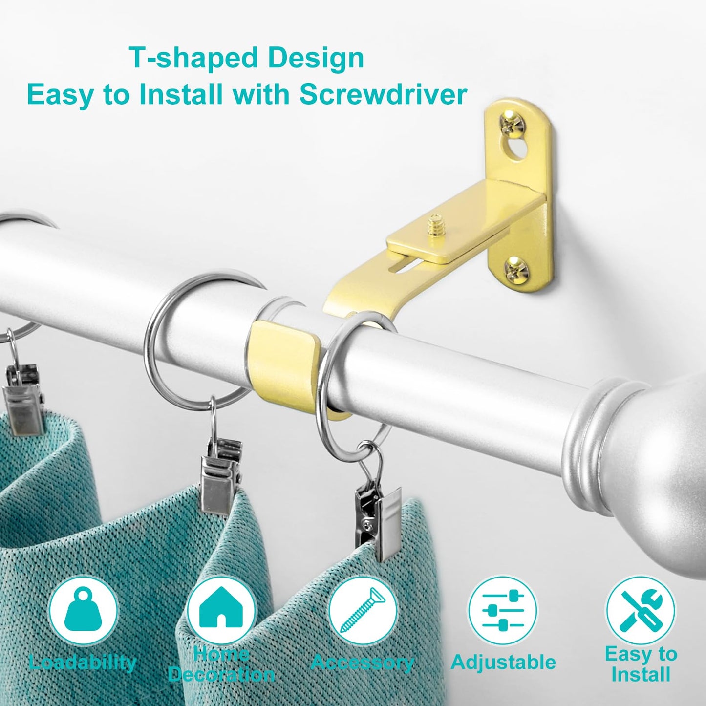 AMZSEVEN Adjustable Curtain Rod Brackets, Metal Window Drapery Rod Hanger Holders Hooks for 1 inch Rods (Warm Gold, Set of 2)