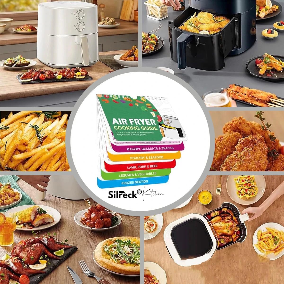 Silreck Air Fryer Cheat Sheet Magnetic Cooking Guide Booklet I Fridge-Ready Air Fryer Magic: Cookbook with Hanging Loop & Magnet (Multi Colour), SCG001