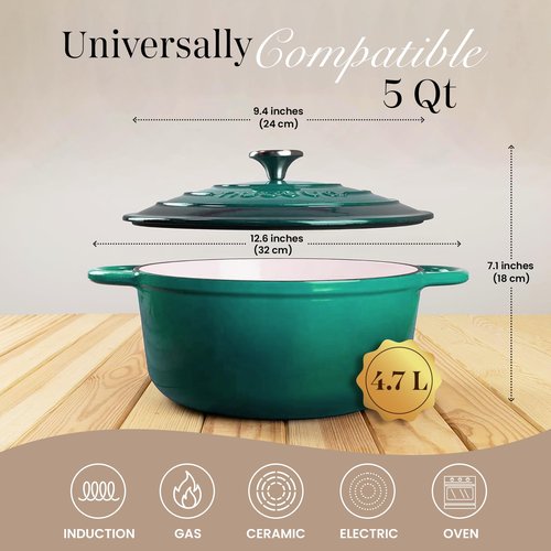 Cast Iron Dutch Oven with Lid – Non-Stick Ovenproof Enamelled Casserole Pot – Sturdy Dutch Oven Cookware – Dark Green, 5-Quart, 24cm – by Nuovva