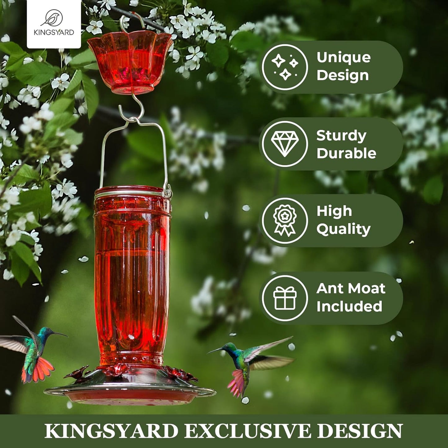 Kingsyard Glass Hummingbird Feeder - 6 Feeding Ports with Ant Moat | Red Outdoor Garden Decor