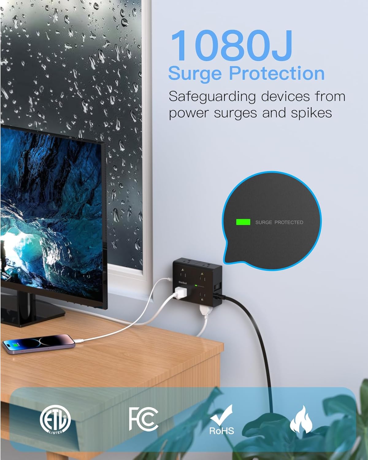 Skiennix 10Ft Extension Cord - 8 Outlet Power Strip with 4 USB Ports for Office & Dorm Essentials
