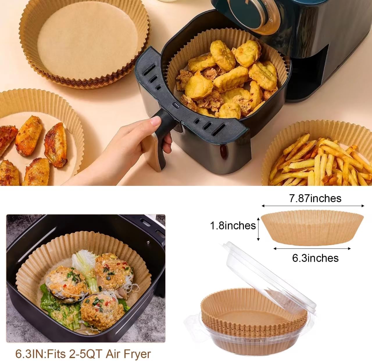 Skiennix Air Fryer Liners - 100PCS Non-Stick Parchment Paper, 6.3 Inch Round for 2-5QT Air Fryers | Baking & Roasting