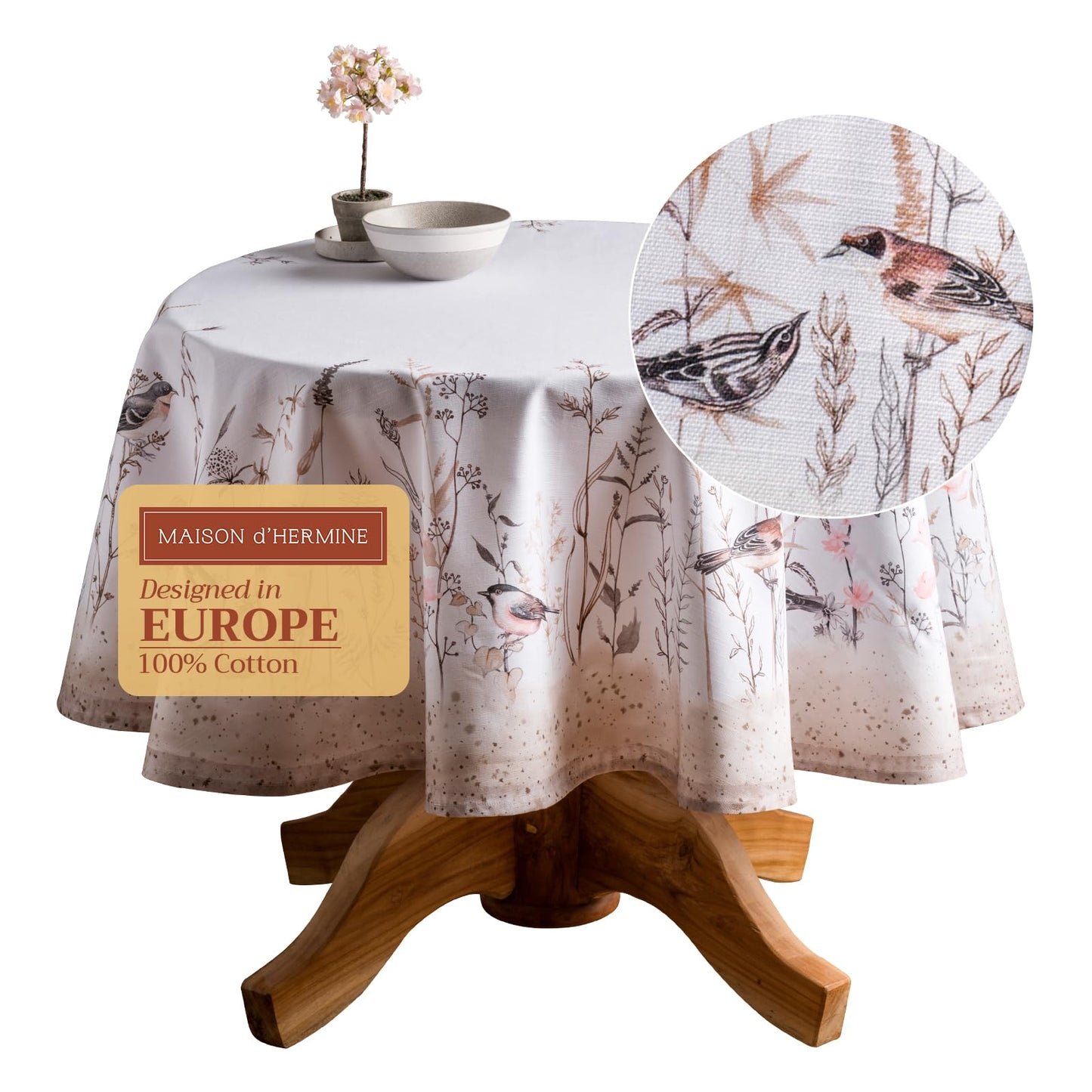 Maison d' Hermine Table Cloth Round Table 100% Cotton 69 Round Inches Tablecloth Reusable Decorative for Dining Kitchen Room Farmhouse Home Gifts for Mothers day Spring Summer - Meadow Florals - Brown