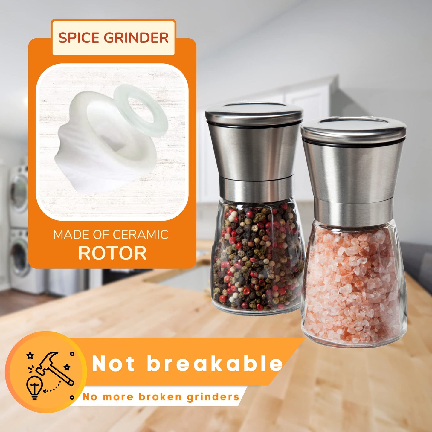 Kitchen Bliss Premium Copper Stainless Steel Salt and Pepper Grinder Set - Short Glass Shakers - Adjustable Coarseness Mills - Refillable with Himalayan Salt, Black Peppercorn - Set of 2