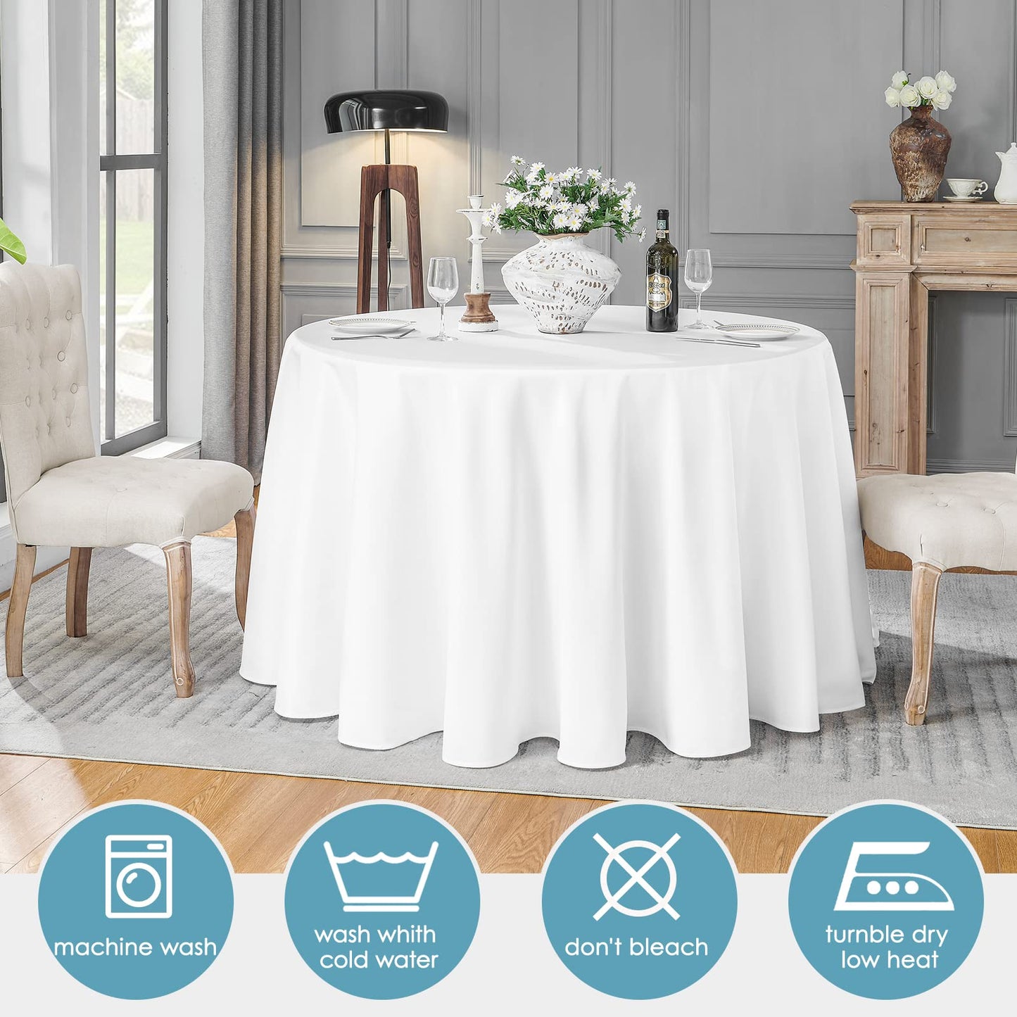 VidaFete 1 Pack 70inch Round Tablecloth Polyester Table Cloth, Stain Resistant and Wrinkle Polyester Dining Table Cover for Kitchen Dinning Party Wedding Rectangular Tabletop Buffet Decoration(White)
