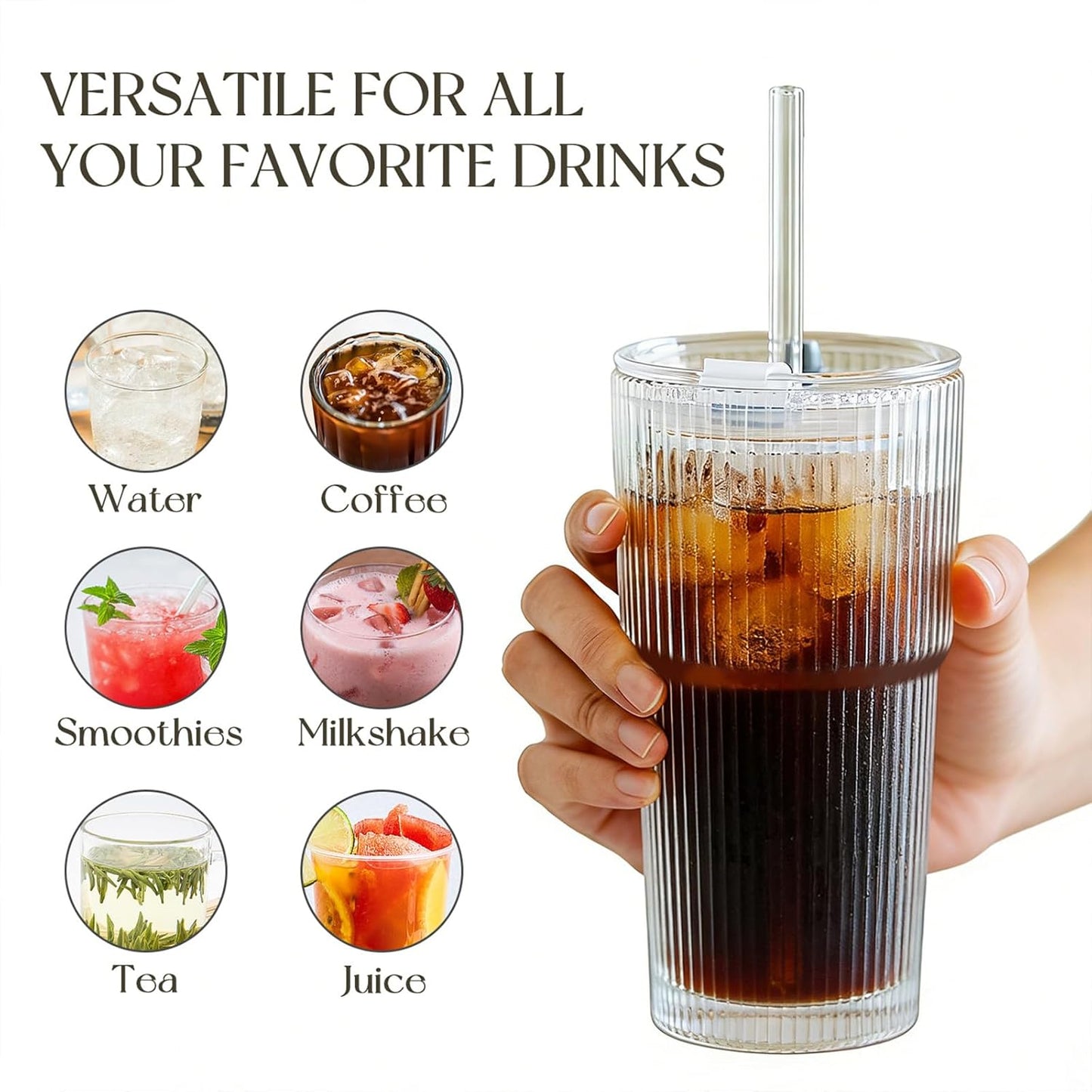 KEMORELA 20 oz Ribbed Glass Tumblers - Vintage Iced Coffee Cups with Lids & Straws | Reusable Clear Glassware