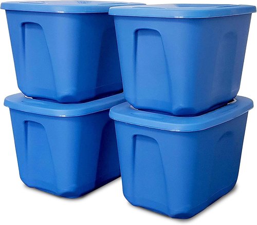 HOMZ 10 Gallon Durable Molded Bin - Stackable Plastic Storage Containers with Lids, Blue | 4-Pack for Home Organization