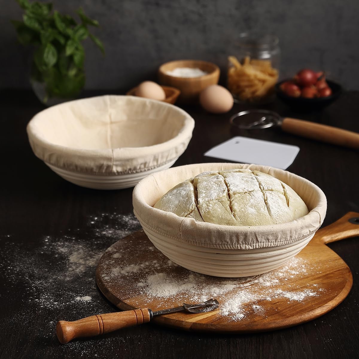Saint Germain Bakery Round Banneton Proofing Basket and Bread Lame Set – 9 Inch Natural Rattan Bread Basket with Liner, 10 Blades & Leather Cover – Sourdough Baking Kit Gift for Beginners and Bakers