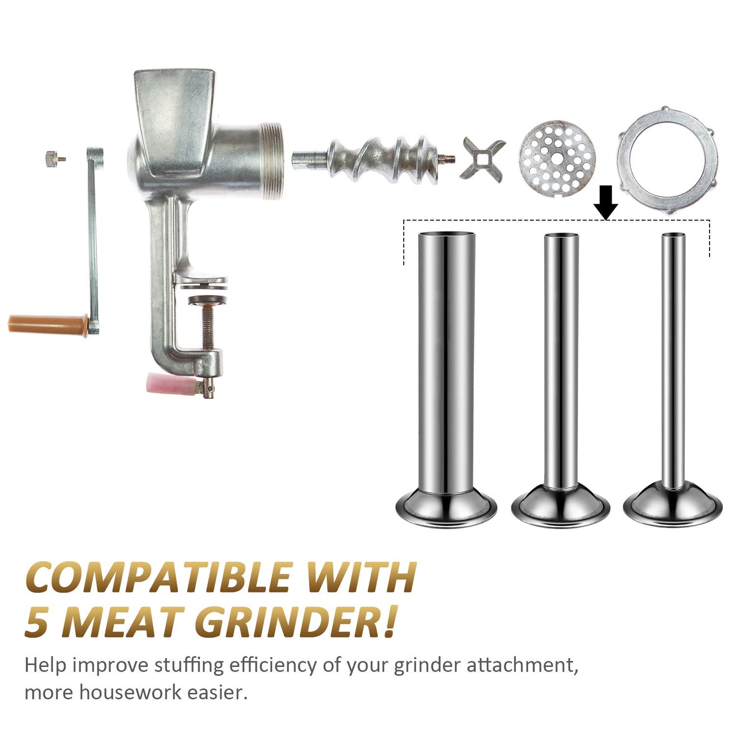 3 Pieces Sausage Stuffer Tubes Stainless Steel Grinder Stuffer Tubes for Size 5 Meat Food Grinder, 3 Sizes