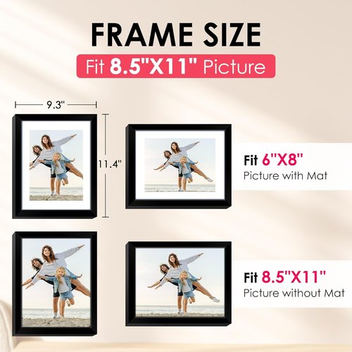 FIXSMITH 8.5x11 Black Picture Frame - HD Plexiglass for 6x8 or 8.5x11 Photos | 2 Pack for Tabletop or Wall Display