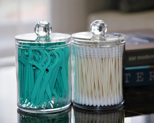 DAPOWER Qtip Holder Canister - 10-Ounce Clear Plastic Apothecary Jar with Lid for Cotton Swabs & Balls