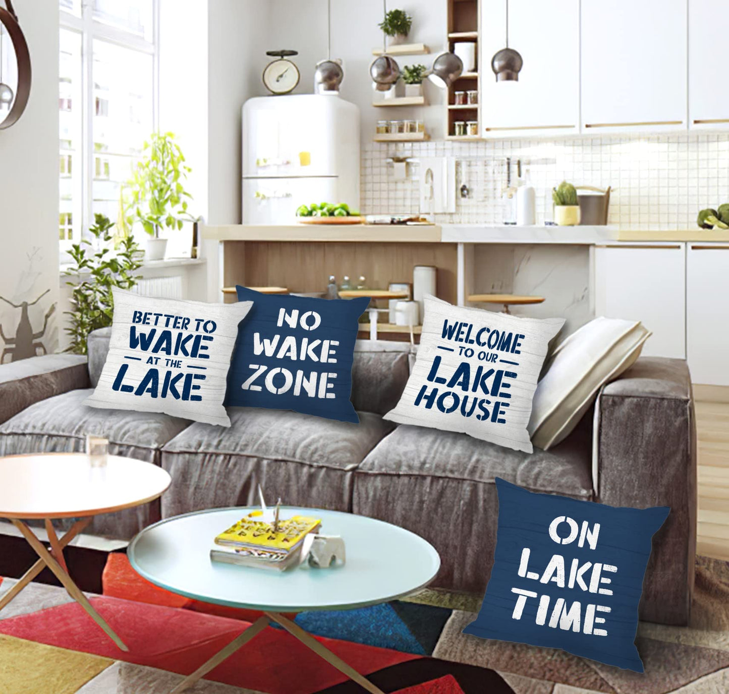 MIXDING Welcome to Our Lake House On Lake Time Throw Pillow Cover Pillowcase 18x18 Inch (Set of 4) Decor, Lake House Farmhouse Porch Sofa Bed Home Decoration