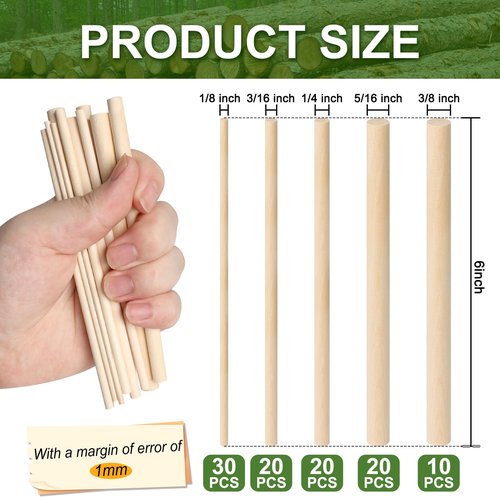 HAPY SHOP 100 Pieces Wooden Dowel Rods Assorted Sizes Wooden Dowels 1/8, 3/16, 1/4, 5/16, 3/8 x 6 Inch Wood Craft Dowel Rods for Crafts and DIY