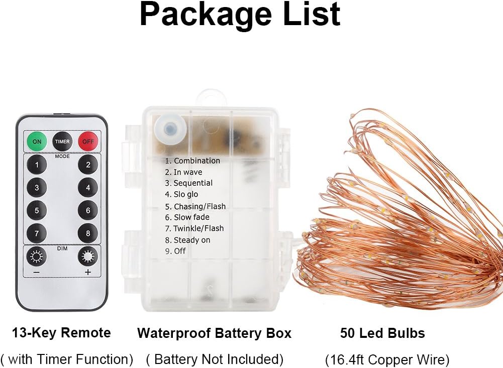 Battery Operated Fairy Lights - 50 LED Copper Wire String Lights with Remote & Timer, 16.4ft Waterproof Twinkle Lights for Christmas, Wedding & Home Decor