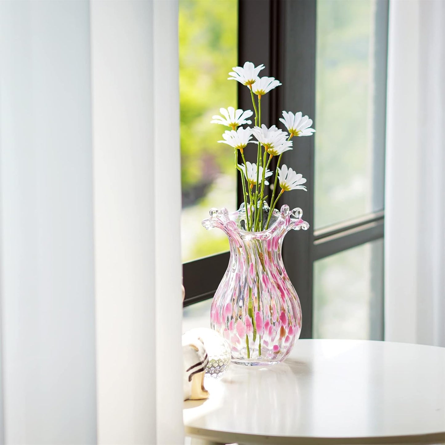 QFkris Handblown Glass Vase - Modern Pink Petal Design | 8.5 Inch Tall Home Decor Centerpiece