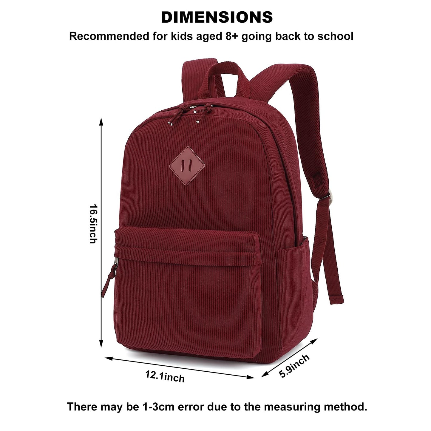 Esfoxes Corduroy Backpack for Girls, Kids Teens Elementary Middle High School Bags Women College Bookbags Travel Daypacks (Wine)