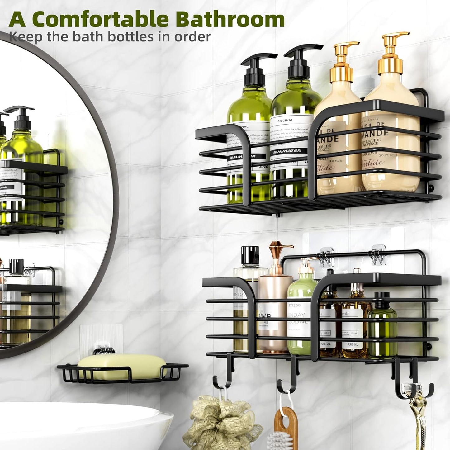 Yougai Shower Caddy - Rustproof Wall-Mounted Shower Organizer with Soap Holder & Hooks | Black