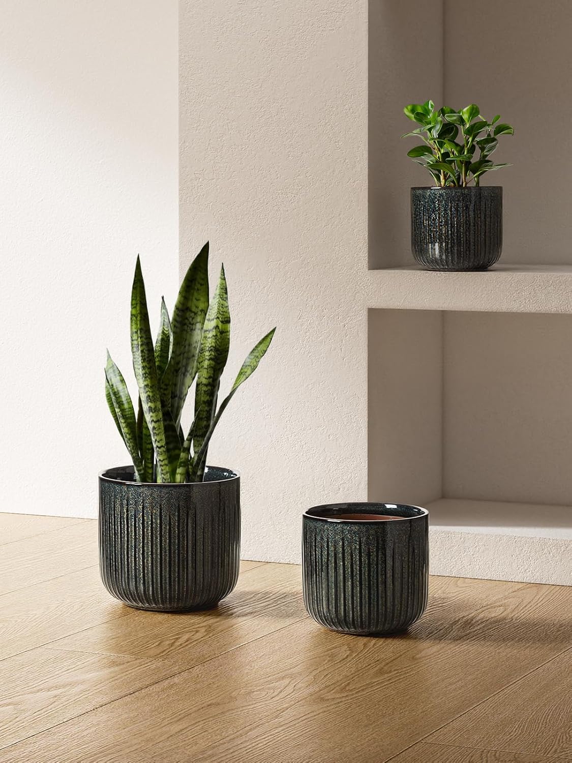 LE TAUCI Ceramic Plant Pots - Set of 3 Indoor Planters with Drainage Holes | 8.3/7/6 Inch Dark Olive Finish