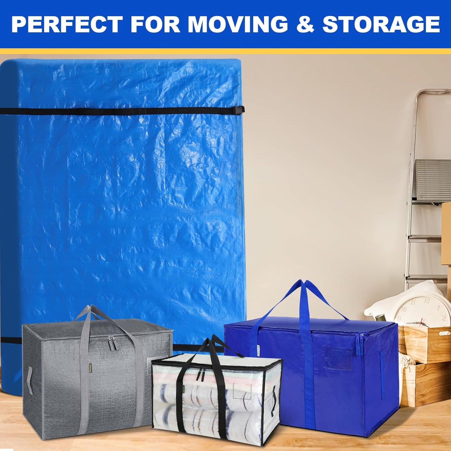 TICONN Queen Mattress Bag - Heavy Duty Storage Cover with Full-Around Handle & Adjustable Buckles | Blue