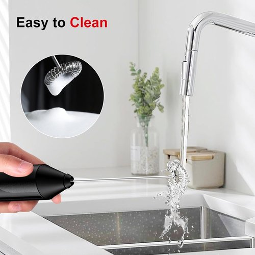 Bonsenkitchen Milk Frother - Powerful Handheld Drink Mixer with Stainless Steel Whisk | Battery Operated - Black