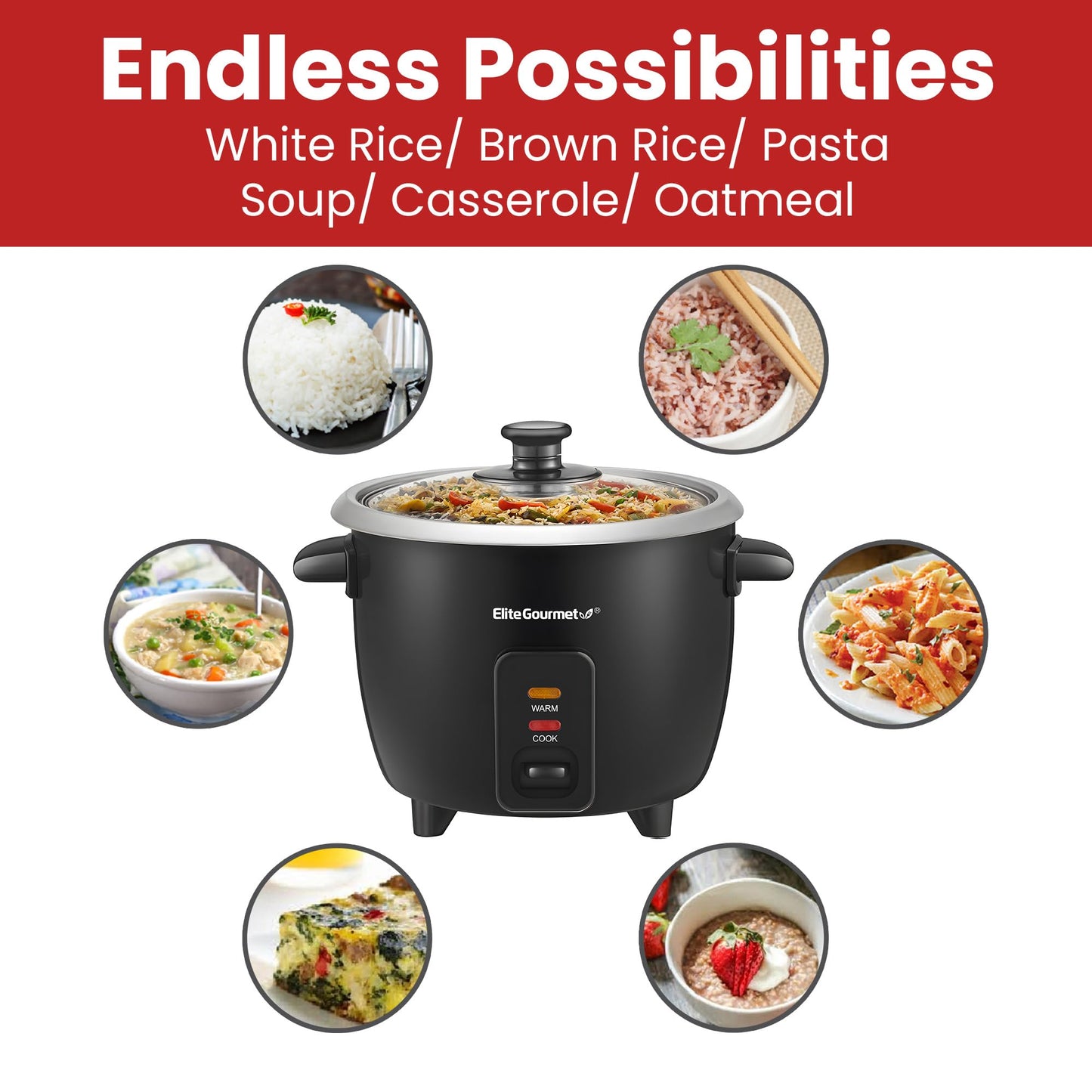 Elite Gourmet ERC003BX Electric Rice Cooker with Automatic Keep Warm Makes Soups, Stews, Grains, Hot Cereals, 6 Cups Cooked (3 Cups Uncooked), Black