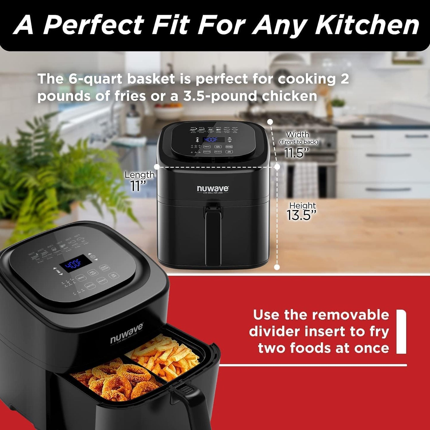 Nuwave Brio 6-Quart Healthy Digital Air Fryer - One-Touch Controls & 6 Preset Functions, Black
