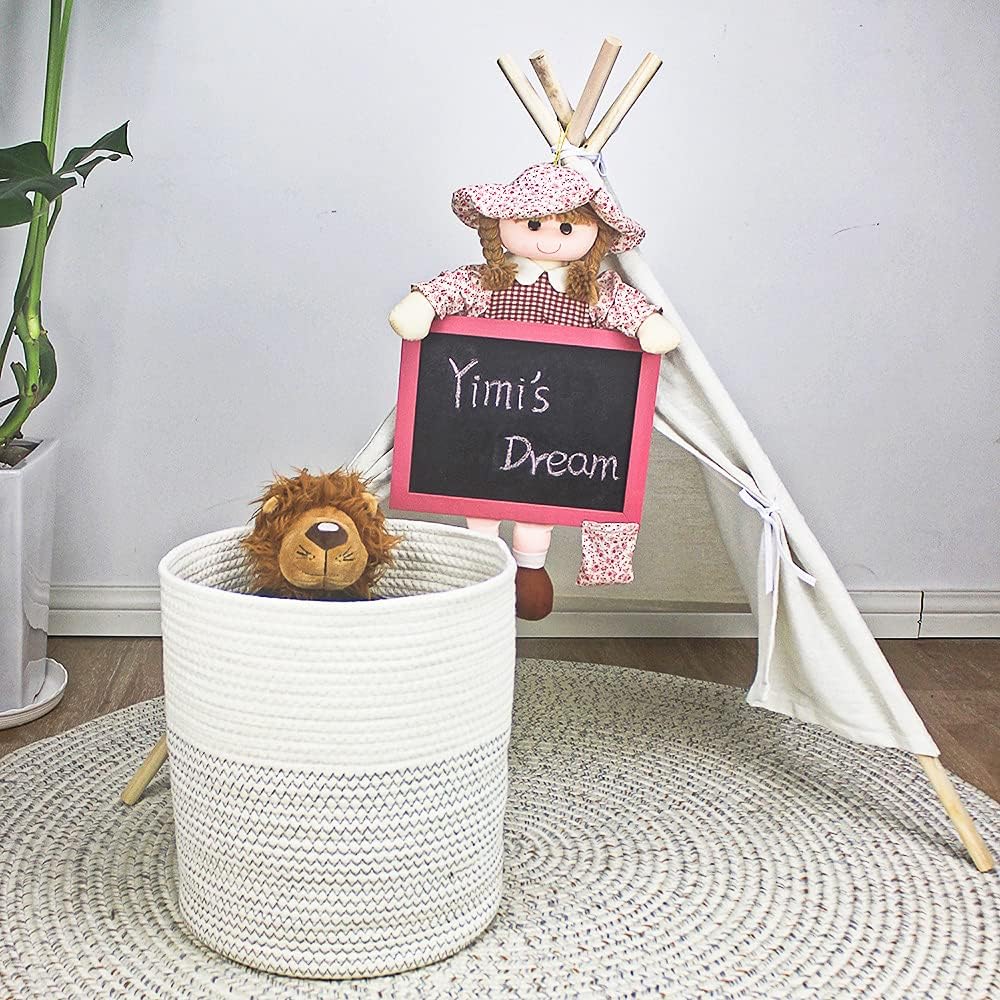 Yimi's Dream Woven Basket - Decorative Rope Storage Solution with Lid | Medium Size for Kids, Toys & Blankets (White & Black, 12D x 13.5H Inch)