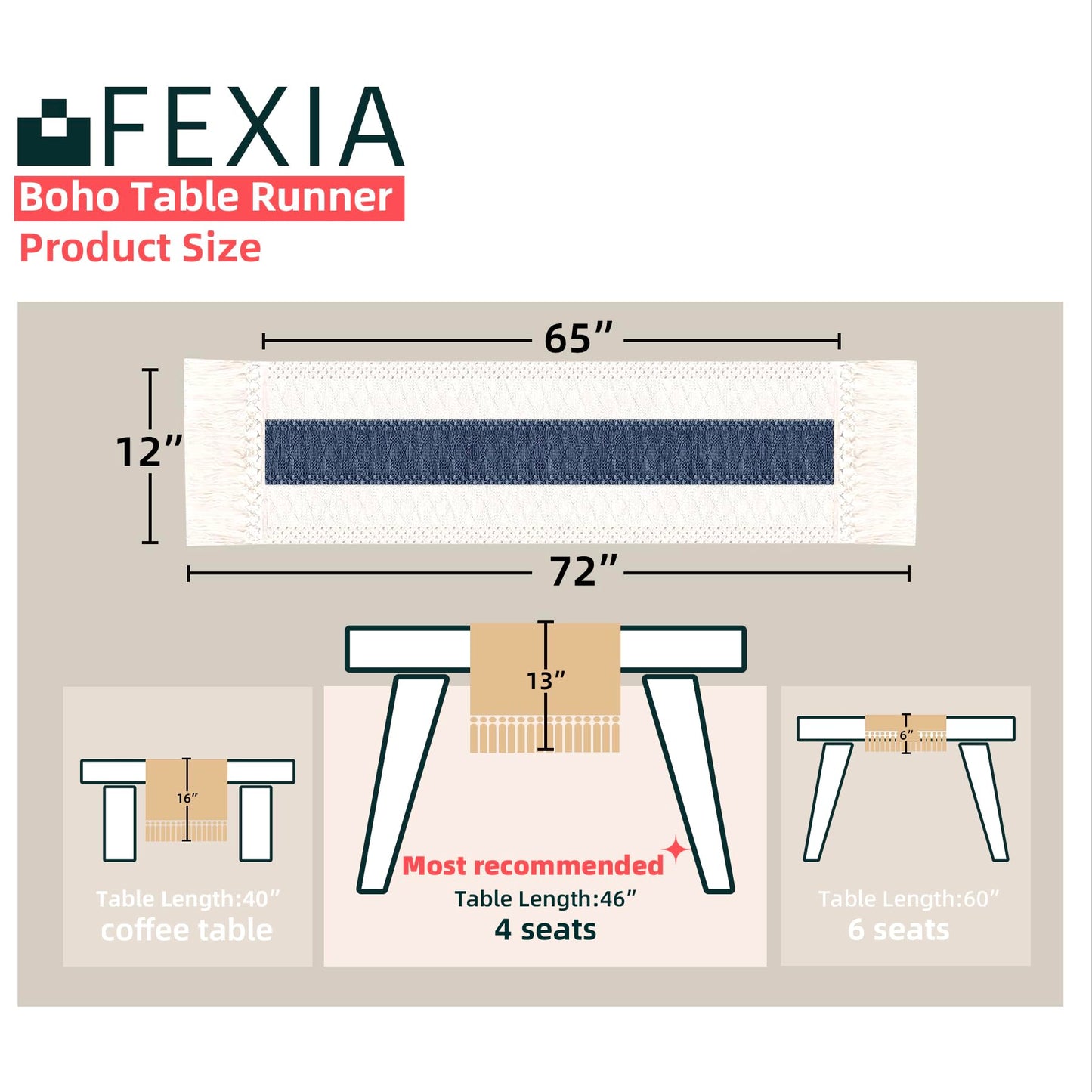 FEXIA Boho Blue Table Runner 72 Inches Long with Tassels Macrame Farmhouse Style Party Rustic Wedding Baby Bridal Shower Dining Decor (12x72 Inches)