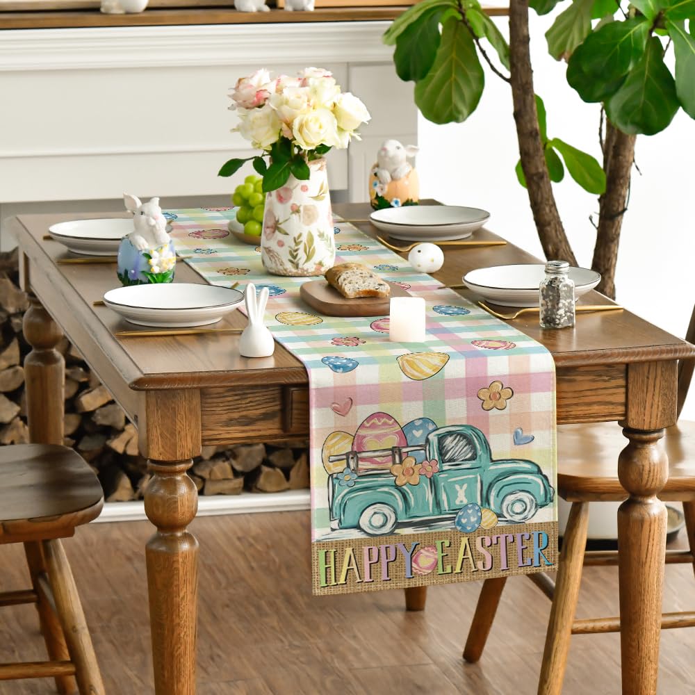Artoid Mode Pink Yellow Buffalo Plaid Carrot Egg Truck Daisy Happy Easter Table Runner, Seasonal Kitchen Dining Table Decoration for Indoor Home Party 13x72 Inch