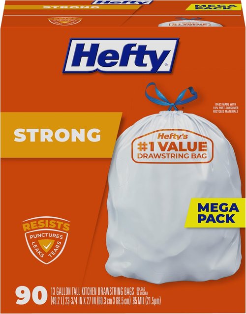 Hefty Strong 13 Gallon Trash Bags - Durable, Leak-Resistant Drawstring Kitchen Bags | 90 Unscented White Bags
