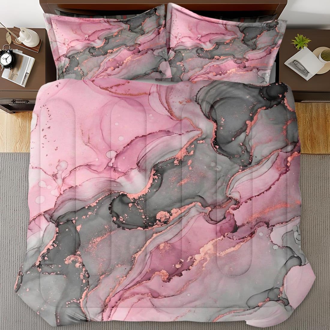 Nesphy Gray Pink Marble Comforter Set Queen Size, Natural Luxury Golden Abstract Soft Bedding Set with 2 Pillowcases for Adults Bedroom Bed Decor