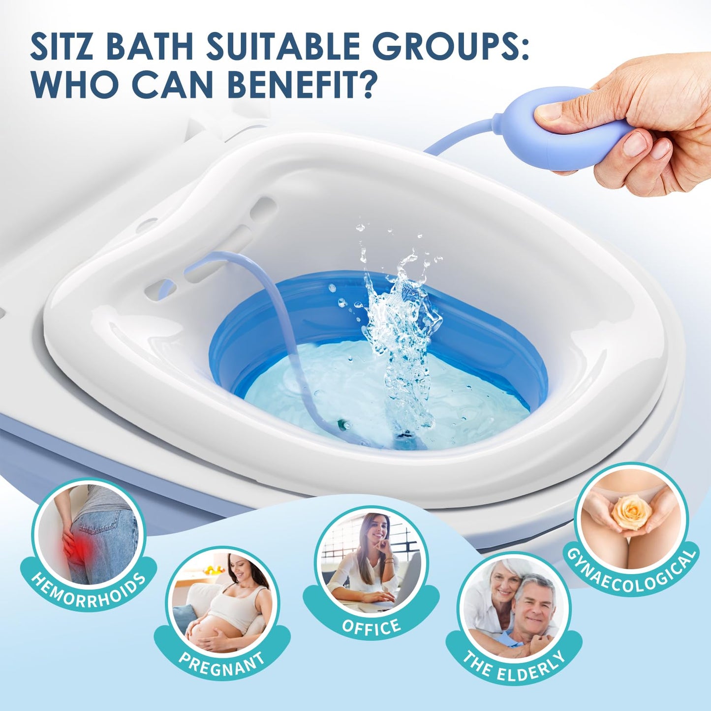 Soothic Sitz Bath for Toilet Seat, Sitz Bath for Hemorrhoids, Sitz Baths for Postpartum Care, Upgraded Collapsible Sitz Baths with Flusher, Drain Holes, Wider Seating Area, Deeper Bowl
