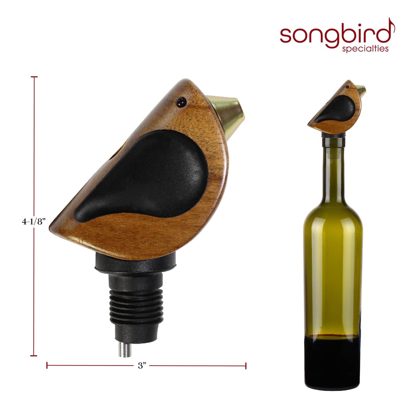 Songbird Specialties Wine Bottle Pourer, Fun Wine Pourer Spout Sings While It Pours, Airtight Wine Bottle Sealer, Acacia Wood with Black Wings