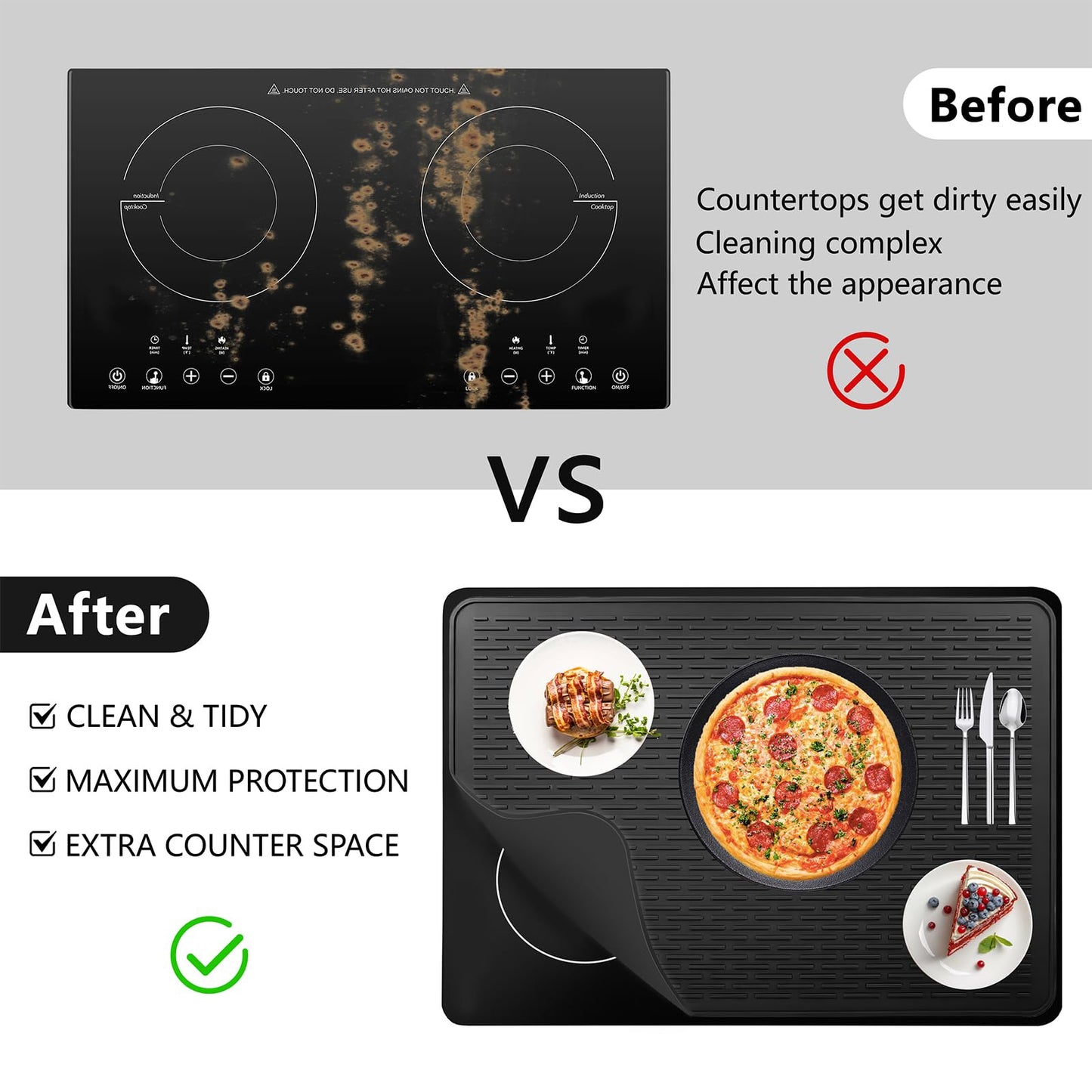 Silicone Stove Top Cover Mat, 36"x21" Silicone Electric Stove Top Protector, Heat Resistant Glass Cooktop Cover, RV Cooktop Protector Mat for Counter (Blcak)