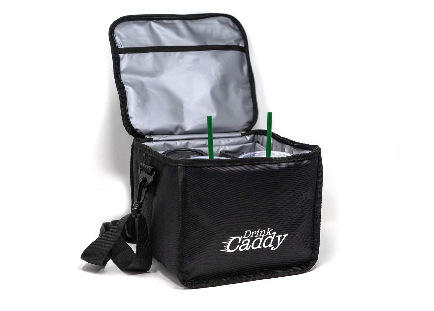 Drink Caddy Insulated Portable Drink Carrier - Reusable Coffee Cup Holder with Shoulder Straps Perfect for Food Delivery and Takeout - Easily Secures 4 Hot or Cold Beverages with Fold Over Closure.
