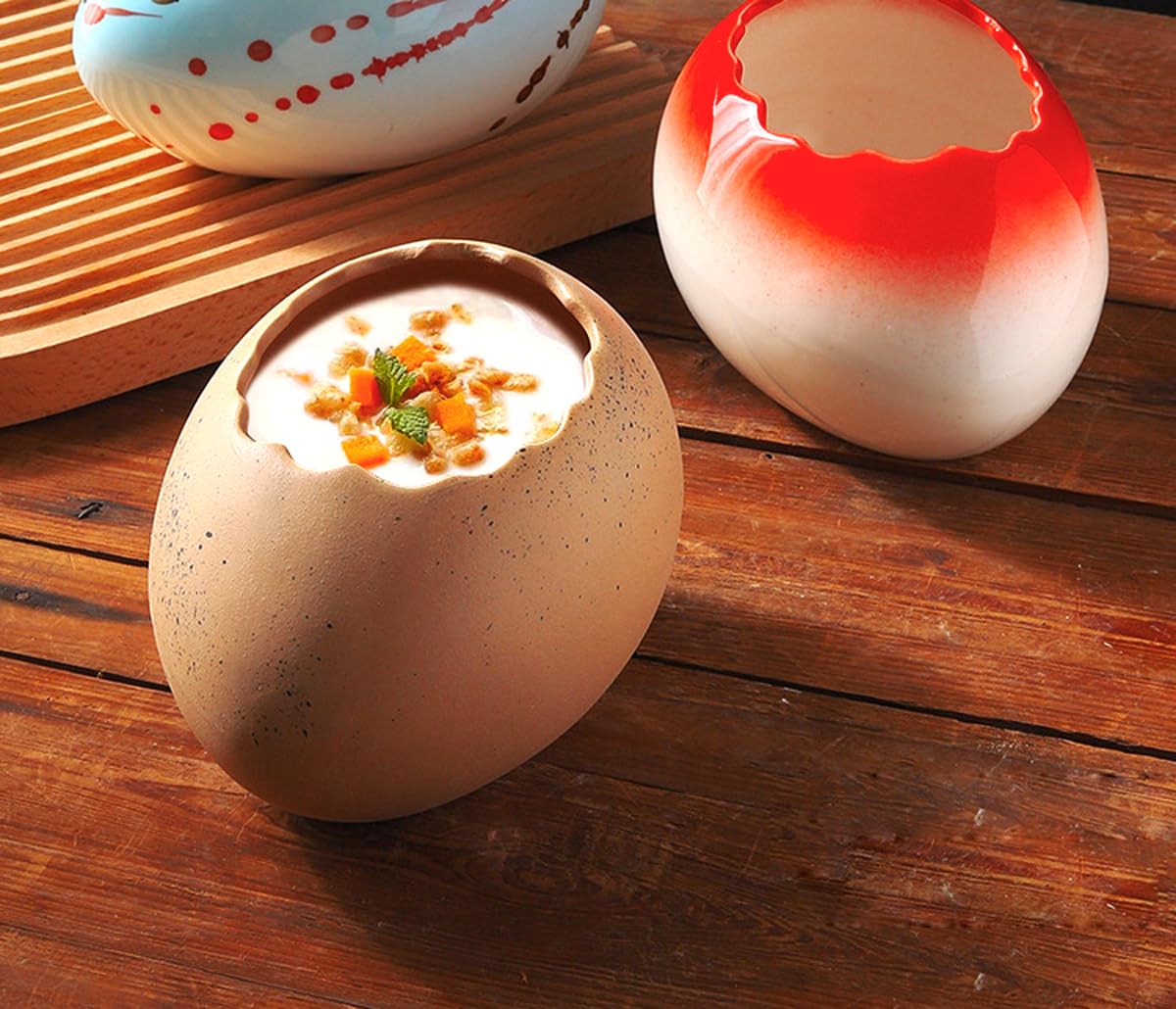 ROSE CREATE 6" Porcelain Brown Egg Easter Dessert Bowl, Big Ceramic Ostrich Egg Snack Appetizer Trays Set, Dessert Serving Dishes, Snack Platter