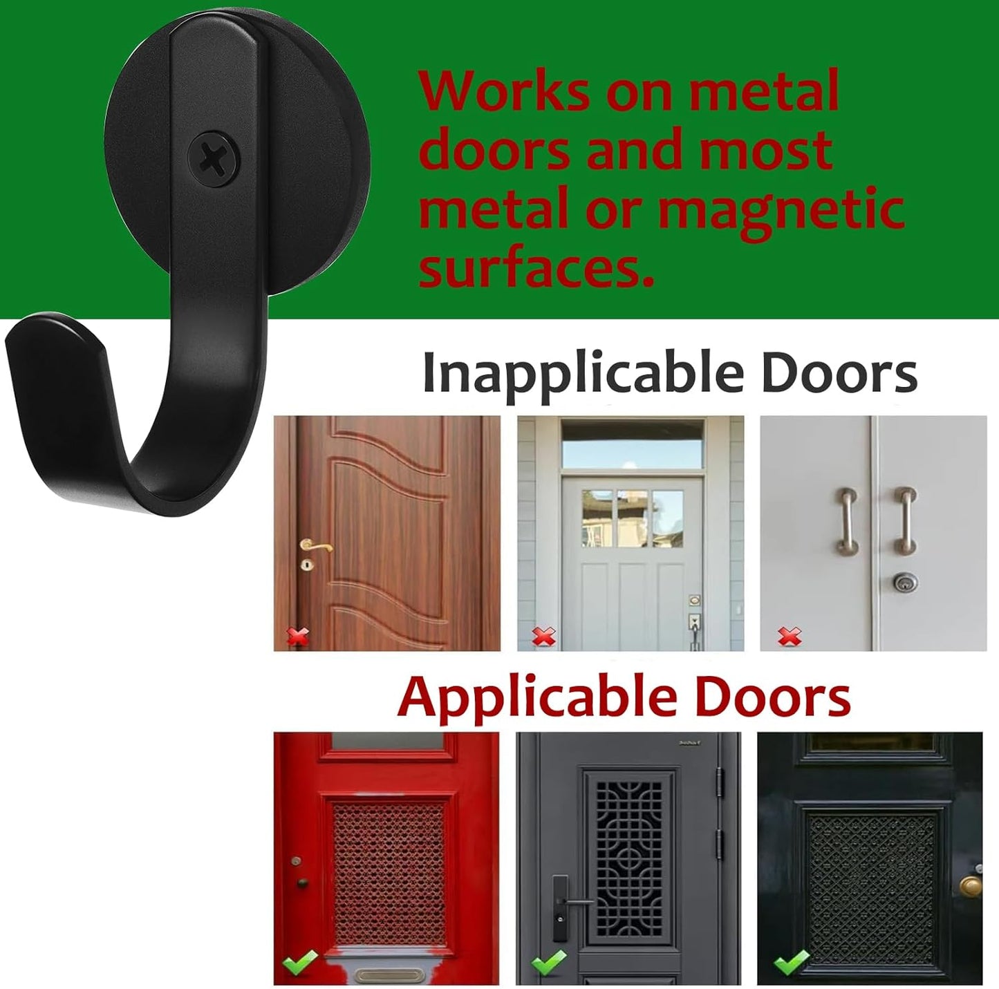 Skiennix Magnetic Wreath Hanger - Rubber Coated Hooks for Metal Doors & Fridges | Black, 2 Pcs
