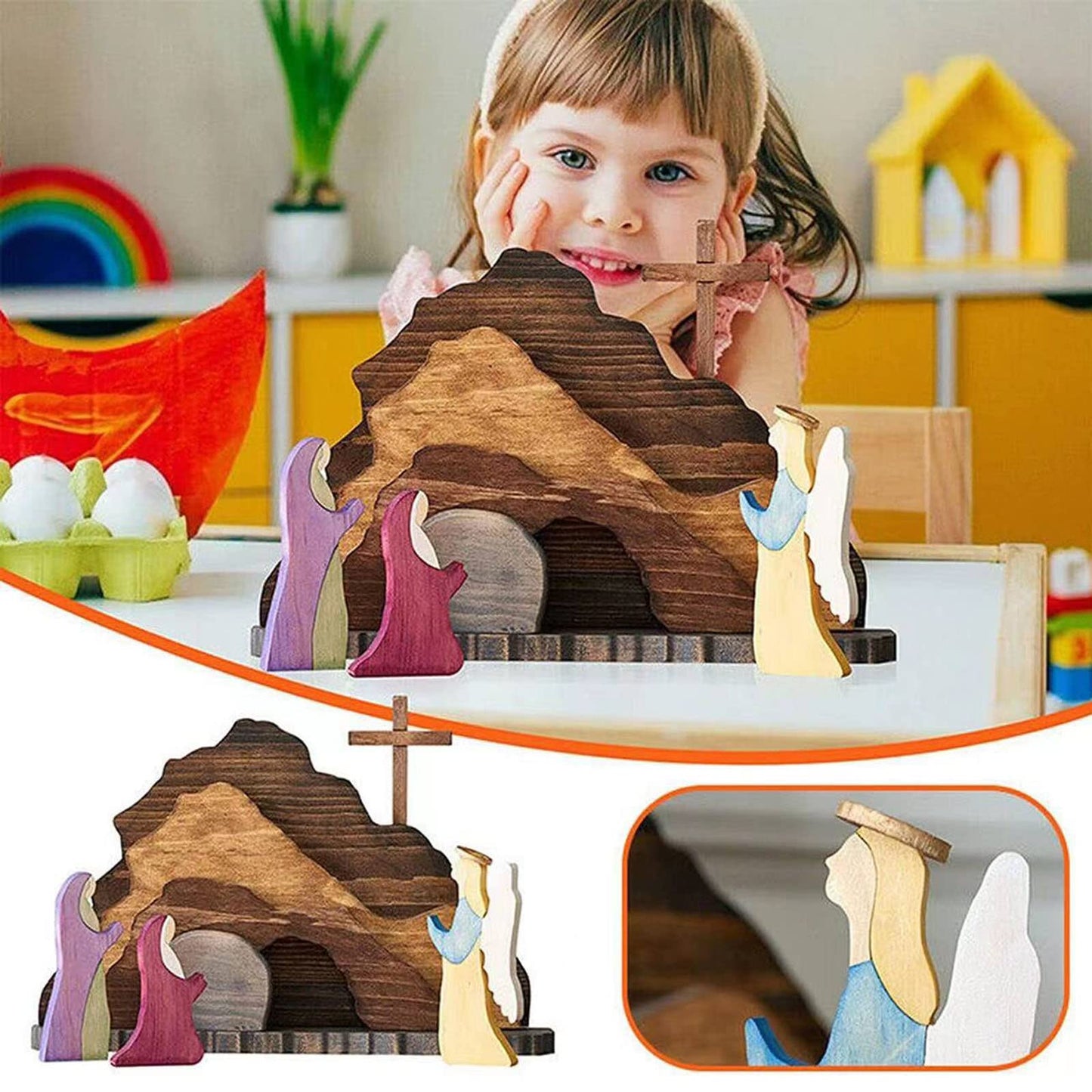 KUJAIS Easter Scene Wooden Decorations - Empty Tomb Easter Resurrection Scene Set and Cross Decoration - Religious Christian Jesus Nativity Decor for Home Table Office
