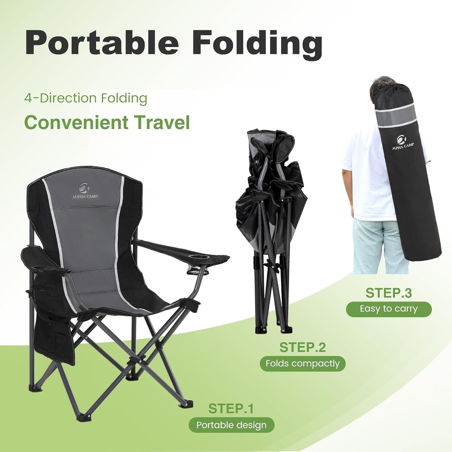 LET'S CAMP Oversized Camping Chair - Heavy Duty 350 LBS Capacity, 2 Pack with Cup Holder & Storage Bag | Grey