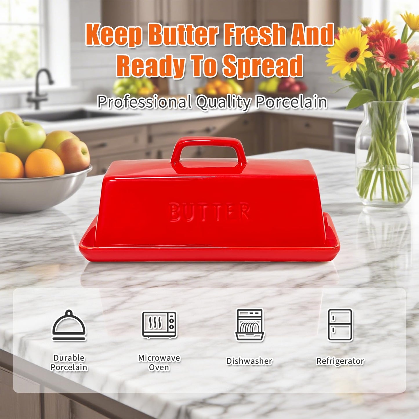 Gute Butter Dish with Lid for Countertop, Covered Ceramic Butter Dish, Butter Tray Storage for 1 Stick of Butter, Butter Keeper Container with Handle for Kitchen, Red