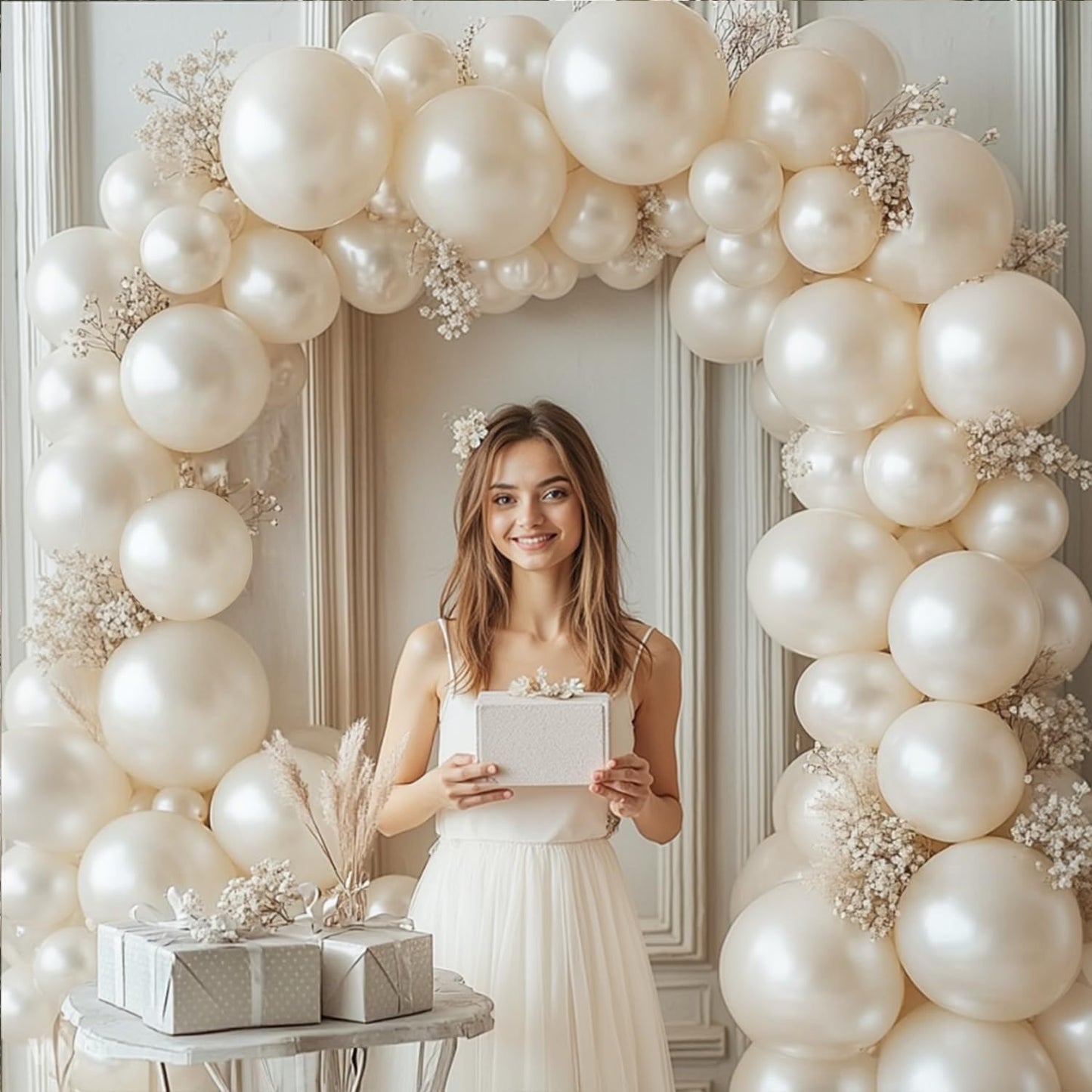 Pearl Sand White Balloons Arch Kit,Double Stuffed White Ivory Beige Cream Balloon Different Sizes 18/12/10/5 Inch Off White Balloon for Wedding Engagement Birthday Bachelorette Decorations