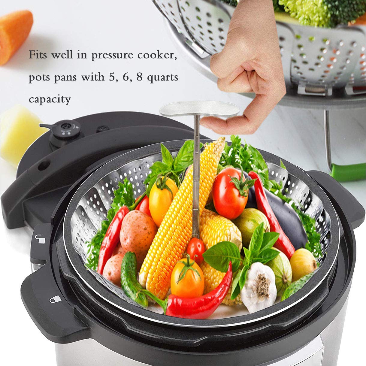 Stainless Steel Veggie Steamer Basket with Folding Handle - Expandable to Fit Pots 6.4" to 10"