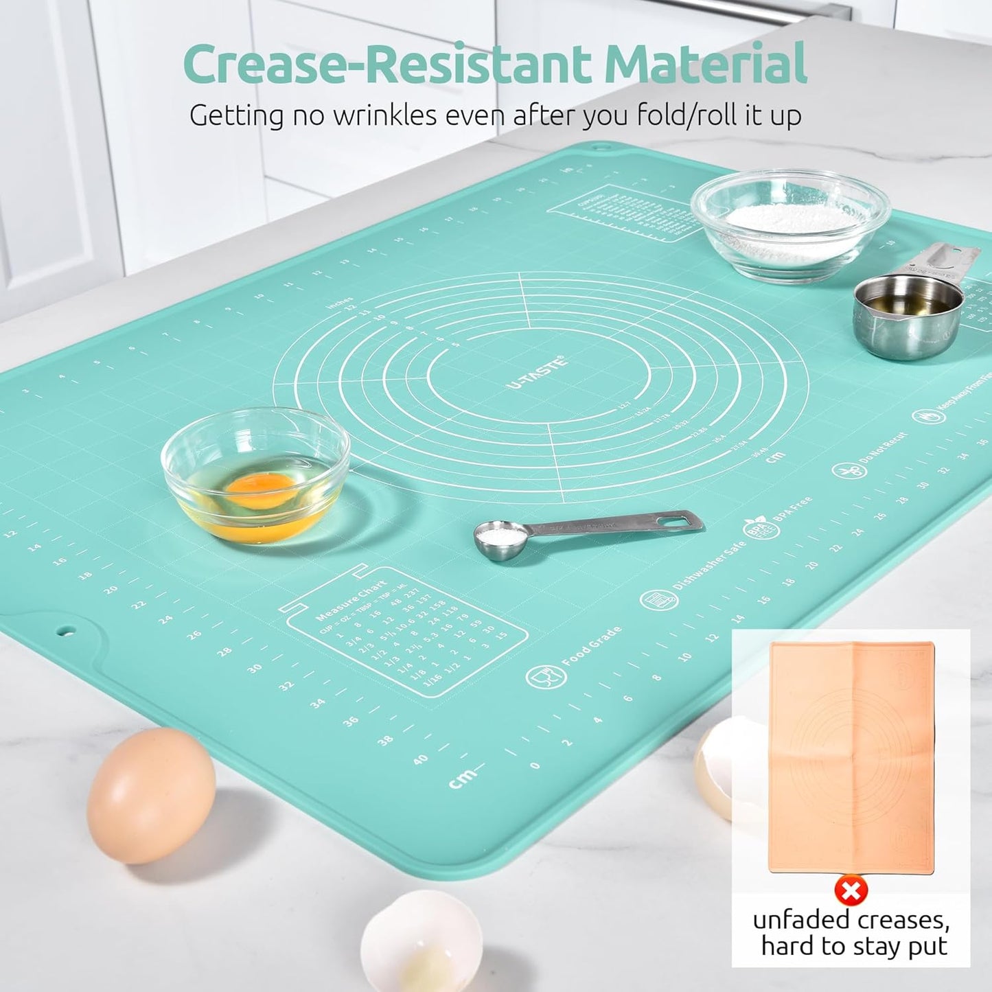 U-Taste Large Pastry Mat - 28"x20" Food-Grade Silicone Baking Sheet with Non-Stick Surface & Clear Measurements (Aqua Sky)