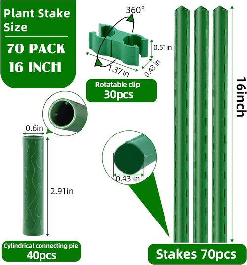 Fabulas Garden Stakes - 16-Inch Plastic Coated Metal Plant Supports | 70 Pack with Connectors & Clips