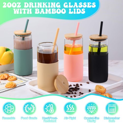 FillTouch 4 Pack 20 oz Glass Tumbler with Lid and Straw Iced Coffee Cup with Protective Silicone Sleeve Cute Smoothie Tumbler Cup Beer Can Drinking Glasses for Spring Summer(Olive, Amber, Black, Pink)