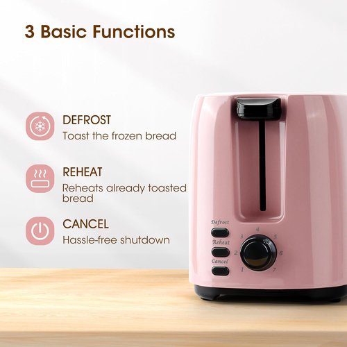 iSiLER 2-Slice Toaster - 1.3-Inch Wide Slot Bagel Toaster with 7 Shade Settings & Removable Crumb Tray | Pink
