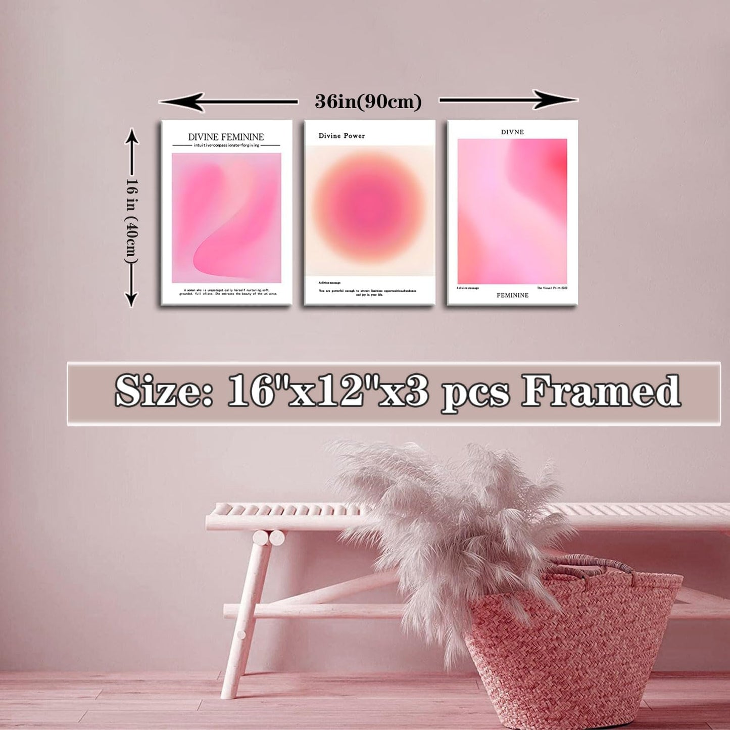 Trendy Aesthetic Canvas Wall Art Set of 3 - Pink Gradient Aura Angel Posters | Framed 12x16 Inch Decor for Bedroom & Living Room