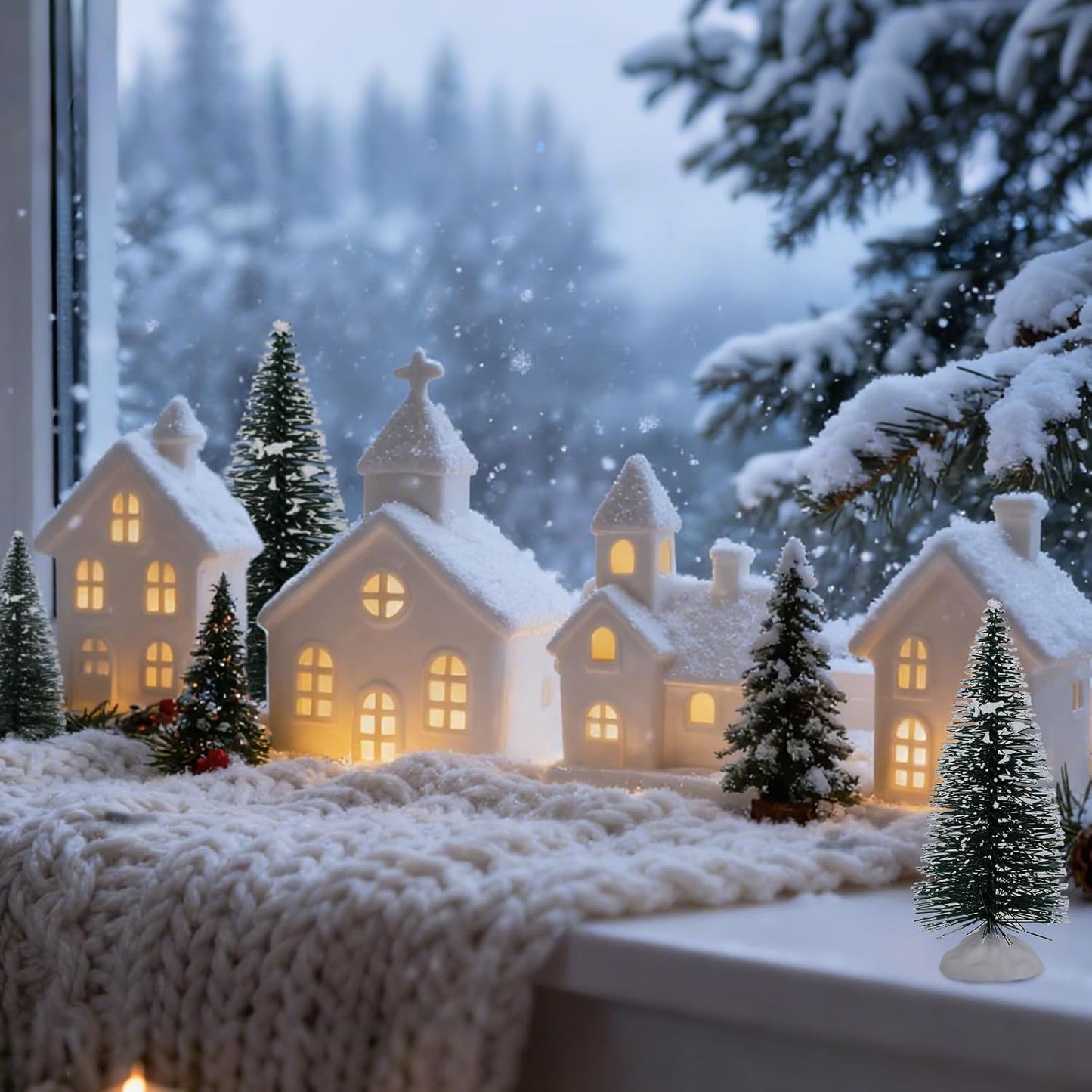 Regine Switzerland Light Up Christmas Village Set - 4 Ceramic Houses & 5 Xmas Trees | Winter White Decor